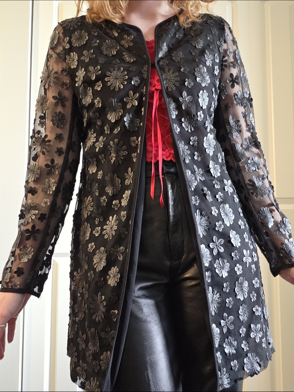 Karl Lagerfeld Black Floral Leather Appliqué Coat
